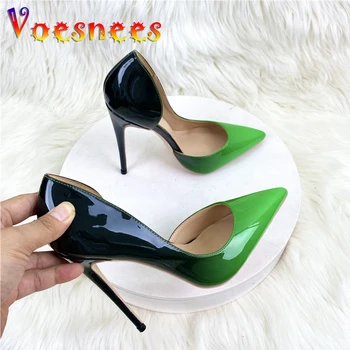 Модные туфли-лодочки градиентного цвета с острым носком, Черные, зеленые, Смешанные Летние туфли на высоком каблуке 12 см, Вечернее платье с мелким вырезом, Женская обувь