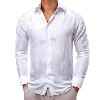 Роскошные рубашки для мужчин, шелковый атлас, белый цветок, с длинным рукавом, Облегающие мужские блузки, топы с отложным воротником, Дышащая одежда