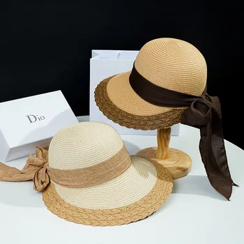 Горячая пляжная кепка с бантом, соломенные кепки, женская солнцезащитная шляпа, летние большие карнизы, уличная модная универсальная шляпа от солнца оптом