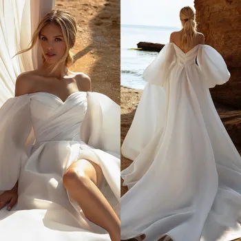 Пляжные свадебные платья с высоким разрезом, Пышные рукава-фонарики с открытыми плечами, Vestido De Novia, Сексуальное свадебное платье со шлейфом