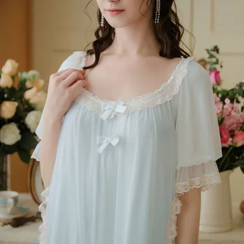 Женская пижама Modert из сетчатой пряжи с квадратным вырезом-фонариком и коротким рукавом, французское милое платье принцессы, свободное платье с кружевным бантом
