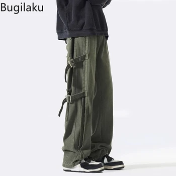 Рабочие брюки с ремешком Bugilaku для мужчин, весенне-осенние прямые повседневные брюки свободного кроя, трендовые уличные брюки на высоком каблуке