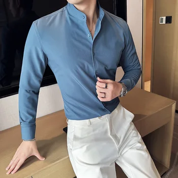 Мужская рубашка с воротником-стойкой в китайском стиле, высокоэластичная повседневная деловая рубашка с длинным рукавом, приталенная уличная одежда, мужская одежда