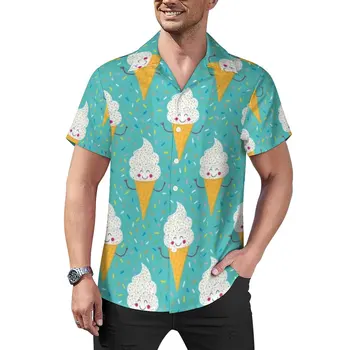 Милая повседневная рубашка для вечеринки с мороженым, свободная рубашка для отпуска с принтом веселой еды, Гавайская уличная одежда, Блузки с коротким рукавом, Одежда Оверсайз