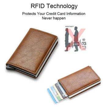 Картонная упаковка Коричневый мини-кошелек из искусственной кожи с защитой от кражи RFID-карты, Алюминиевая коробка, держатель для кредитных карт из углеродного волокна для мужчин