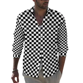 Двухцветная художественная рубашка, мужские Базовые рубашки в шахматном порядке, Осенние блузки с принтом Y2K, Свободный Топ Оверсайз с длинным рукавом, Подарок