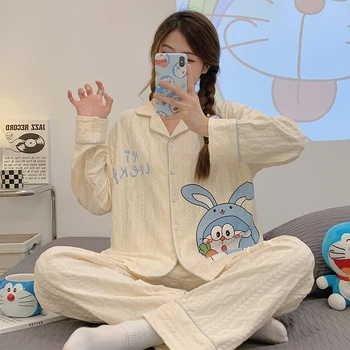 Осенние Пижамные комплекты Женская Пижама Корейский Домашний костюм Пижама Пижама Femme Doraemon Принт Хлопчатобумажная пижама с длинным рукавом Пижама