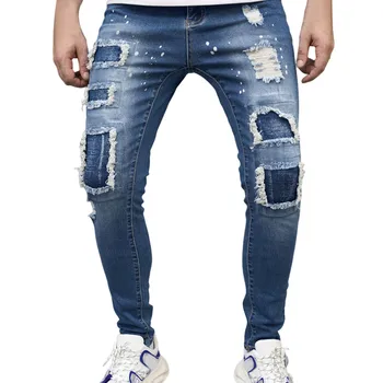 Мужские джинсы-карго с рваными отверстиями, приталенные прямые брюки в стиле ретро для мужчин, джинсы в стиле хип-хоп, джинсы в уличном стиле, Простые джинсы-скинни