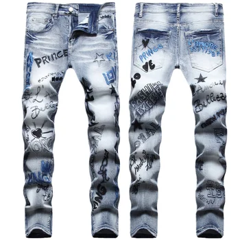 Джинсы с роскошной вышивкой в стиле хип-хоп, мужские облегающие брюки, потертые байкерские джинсы, Эластичные прямые брюки Garffiti