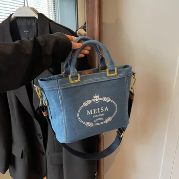 Женская модная сумка-тоут, нишевая повседневная сумка, новинка 2023 года, маленькая квадратная сумка из денима с надписью Texte, женская простая сумка через плечо