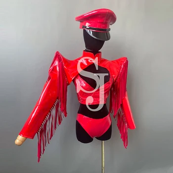 Жилет с кисточками на плечах Бикини Танцевальный костюм Gogo для ночного клуба Одежда трансвестита Красный сценический костюм танцовщицы