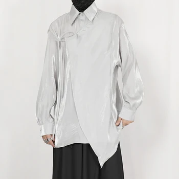 Новая рубашка 2023, мужская осенняя китайская рубашка, плиссированный асимметричный подол спереди, легкая свободная рубашка с длинным рукавом