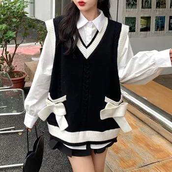 [Костюм-тройка] Элегантный комплект в корейском стиле, свободный вязаный свитер с V-образным вырезом в стиле колледжа, жилет + универсальная рубашка + плиссированная юбка