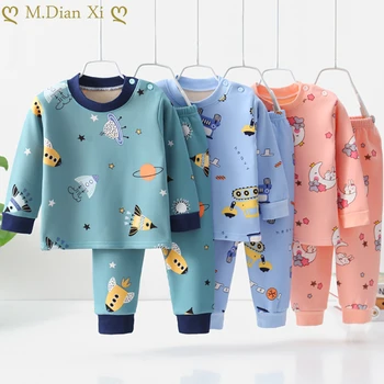 Комплекты детских зимних пижам для мальчиков и девочек, утепленные пижамы с динозавром из мультфильма, осенние теплые пижамы, детские пижамы, топы, брюки, костюм
