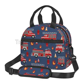 Изолированная сумка для ланча с рисунком пожарных машин из мультфильма, многоразовая термосумка-холодильник для взрослых, детская сумка-бенто с плечевым ремнем