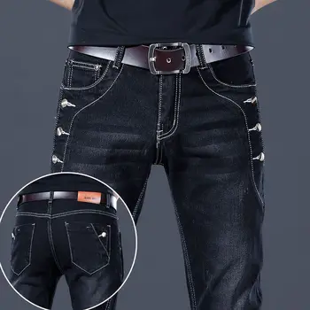 Стильная черная роскошная мужская Корейская уличная одежда в стиле панк, Удобные джинсы-стрейч, приталенные повседневные джинсовые брюки с прямыми штанинами