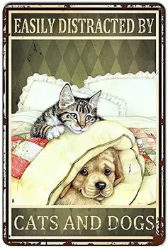 Винтажный кот и Собака в постели, ретро Металлическая жестяная вывеска, Винтажная алюминиевая вывеска для домашнего кофе, плакаты для декора стен