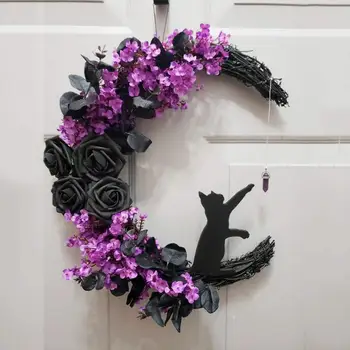 Дверные венки в форме Луны, украшения на Хэллоуин, приветственный знак, Готические Розы, Черные Кошки, Гирлянда, украшение входной двери, знаки на Хэллоуин