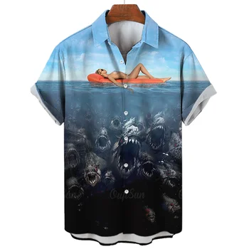 2023 Морское Животное Пиранья Мужские Рубашки 3d Caual Гавайская рубашка Мужская Летняя Модная Рубашка Для Мужчин Уличный Топ С Короткими Рукавами На Пуговицах