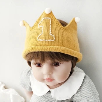 Вязаная шапочка с короной и тиарой на день рождения ребенка, шапочка Babyshower Comp Hat, принадлежности для вечеринки в честь Первой годовщины рождения ребенка