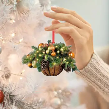 Праздничная подвесная корзина Подвесная корзина с искусственным зеленым растением Многоразовый кулон с орнаментом на Рождественскую елку 5шт Рождественский Деревянный