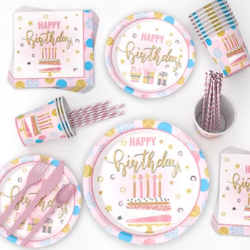8 гостей, Одноразовая посуда для дня рождения Pink Cake Girls, Тарелки для торта, Чашки, Салфетка, декор для вечеринки в честь Дня рождения принцессы для девочек