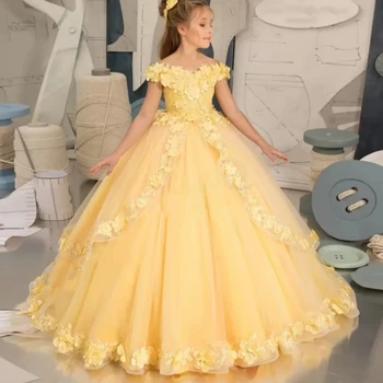 Желтое платье с 3D аппликацией из пушистого тюля для девочек в цветочек Для свадьбы, элегантные платья для первого причастия маленьких детей, вечеринки по случаю дня рождения.
