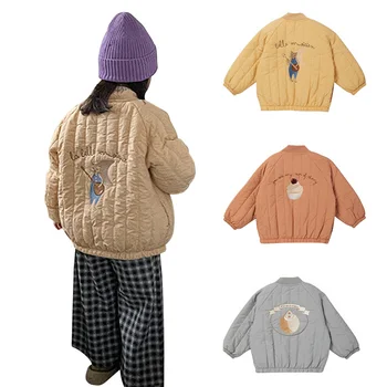 Зимняя детская куртка с мультяшной вышивкой, детская одежда, утепленное флисовое пальто для девочек, верхняя одежда для корейских мальчиков, модная детская одежда