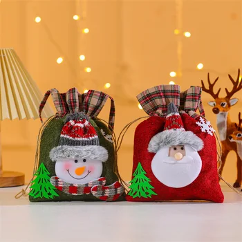Веселого Рождества, клетчатые подарочные пакеты из нетканого материала, Санта-Клаус, Снеговик, Лось, сумка для конфет, Рождественский декор для дома, Xmas Navidad 2023