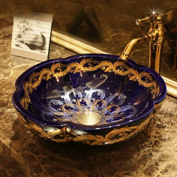 Роспись умывальника ручной работы, раковины для ванной комнаты, столешница в форме цветка, раковина с синим глазурованным золотым рисунком