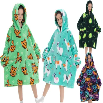 Осенне-зимняя детская пижама с милым принтом из мультфильмов, цельное одеяло для ленивого просмотра телевизора, свободный термофланелевый пуловер
