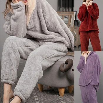 Осенняя женская пижама из 2 предметов, пальто + брюки, однотонная женская пижама с V-образным вырезом из плотного плюша для леди на дому