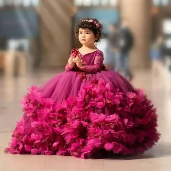 Пышные платья с цветочным узором для девочек, 3D цветочный V-образный вырез, длинный рукав, нарядные платья для детей и подростков, праздничное платье для дня рождения, свадебное платье