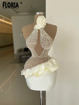 Короткое белое коктейльное платье без рукавов с высоким вырезом, украшенное жемчугом Цветочные Мини-платья для выпускного вечера на заказ На День рождения