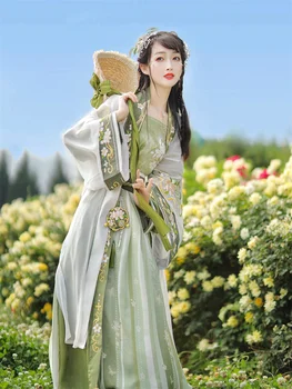 Зеленая женская юбка Hanfu длиной до талии, летний костюм, платье Hanfu в китайском стиле, китайская традиционная сказочная зеленая юбка