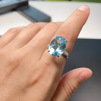 Простое светло-голубое кольцо из серебра 925 пробы с голубым топазом для вечеринки 12мм *16мм, Серебряное кольцо с натуральным топазом 12 карат с позолотой