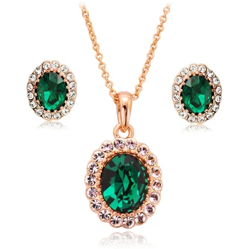 Модные наборы ювелирных изделий для женщин, ожерелье с зеленым кристаллом, серьги из розового золота, овальная вечеринка, свадьба, бесплатная доставка, подарок