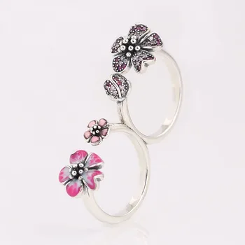 Эмалированный Цветок Персика с хрустальным кольцом для женщин, аутентичные женские украшения из стерлингового серебра S925 Пробы, подарок девушке на День Рождения