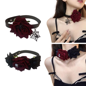 Ожерелье из роз с черепом-паутиной на Хэллоуин, цепочка-ошейник из преувеличенной кожи