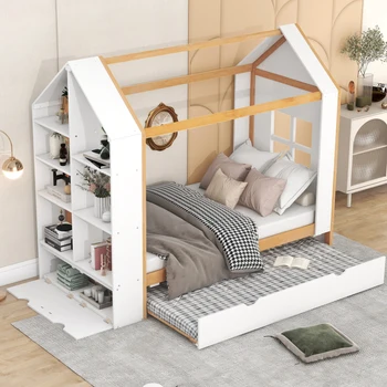 Домашняя кровать Twin Size, Симпатичная Кровать-платформа с Полками Для Хранения и Чемоданом Twin Size, Домашняя Кровать с Несколькими Местами для Хранения в Детской спальне