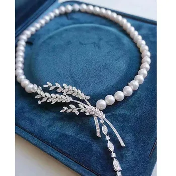 ожерелье из пресноводного жемчуга, белое, почти круглое, 9-10 мм + подвеска с белым цирконом оптом из натуральных бусин