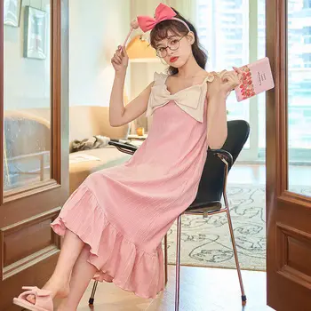 Kupokasi Женская летняя пижама Хлопчатобумажная длинная пижама с милым мультяшным женским домашним платьем