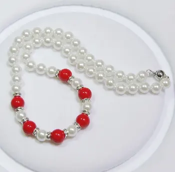 8 мм белый жемчуг в виде ракушки/10 мм красный коралловый жемчуг Ожерелье из круглых бусин