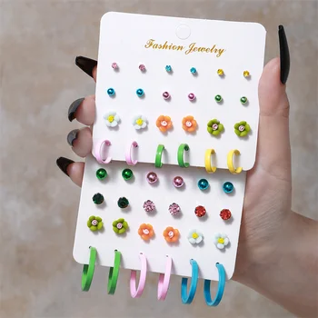 Новый дизайн, Очаровательный красочный набор сережек-гвоздиков для женщин и девочек, 12 пар/компл., маленькие серьги в ухо, подарок на день рождения