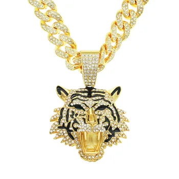 Модное ожерелье из стереофонического горного хрусталя, подвеска в виде головы тигра, Кубинская цепочка, Трендовая индивидуальность, мужские ювелирные аксессуары