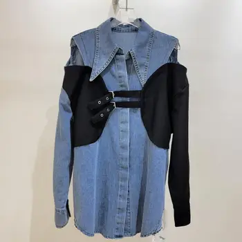 Женская джинсовая рубашка в стиле пэчворк с вырезами 2023, новый осенний свободный модный топ, женская блузка Y4234
