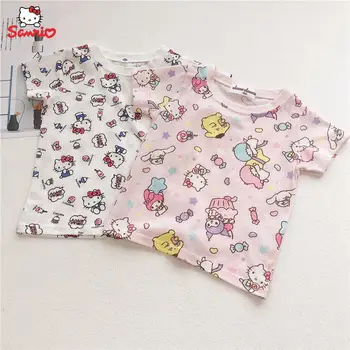 Kawaii Hello Kitty Melody, хлопковая детская футболка с короткими рукавами из аниме-мультфильма Sanrio, Летняя быстросохнущая дышащая футболка для девочек с рисунком 