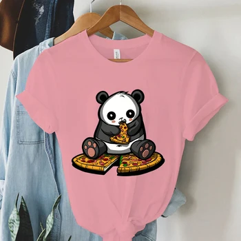 Женская футболка с принтом пиццы с изображением медведя панды, женские повседневные топы, футболка с забавными животными, рубашка с коротким рукавом, женская летняя одежда 2023