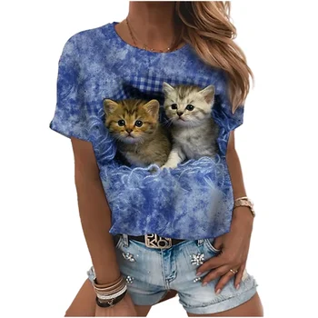 Модные женские футболки с круглым вырезом в виде животных 3d, короткие перчатки, забавные футболки с кошками