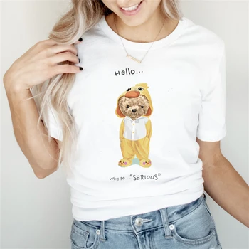 Повседневная футболка с принтом, женская летняя повседневная белая футболка с коротким рукавом, забавный медвежонок 90-х, женская футболка с героями мультфильмов.